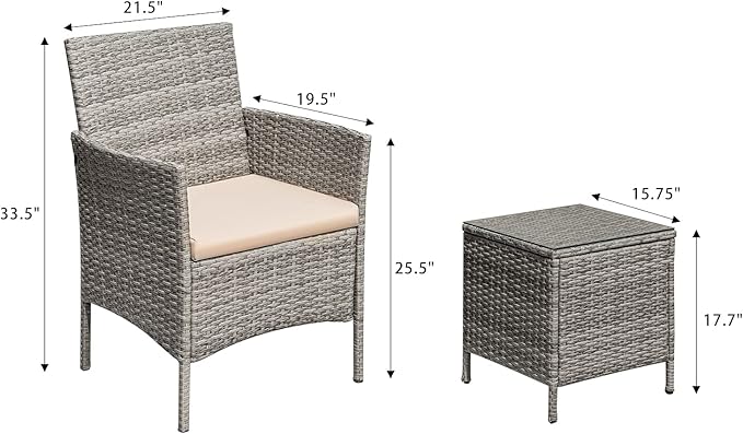 Greesum 3 Pieces Patio Furniture Sets Outdoor PE Rattan Wicker Chairs