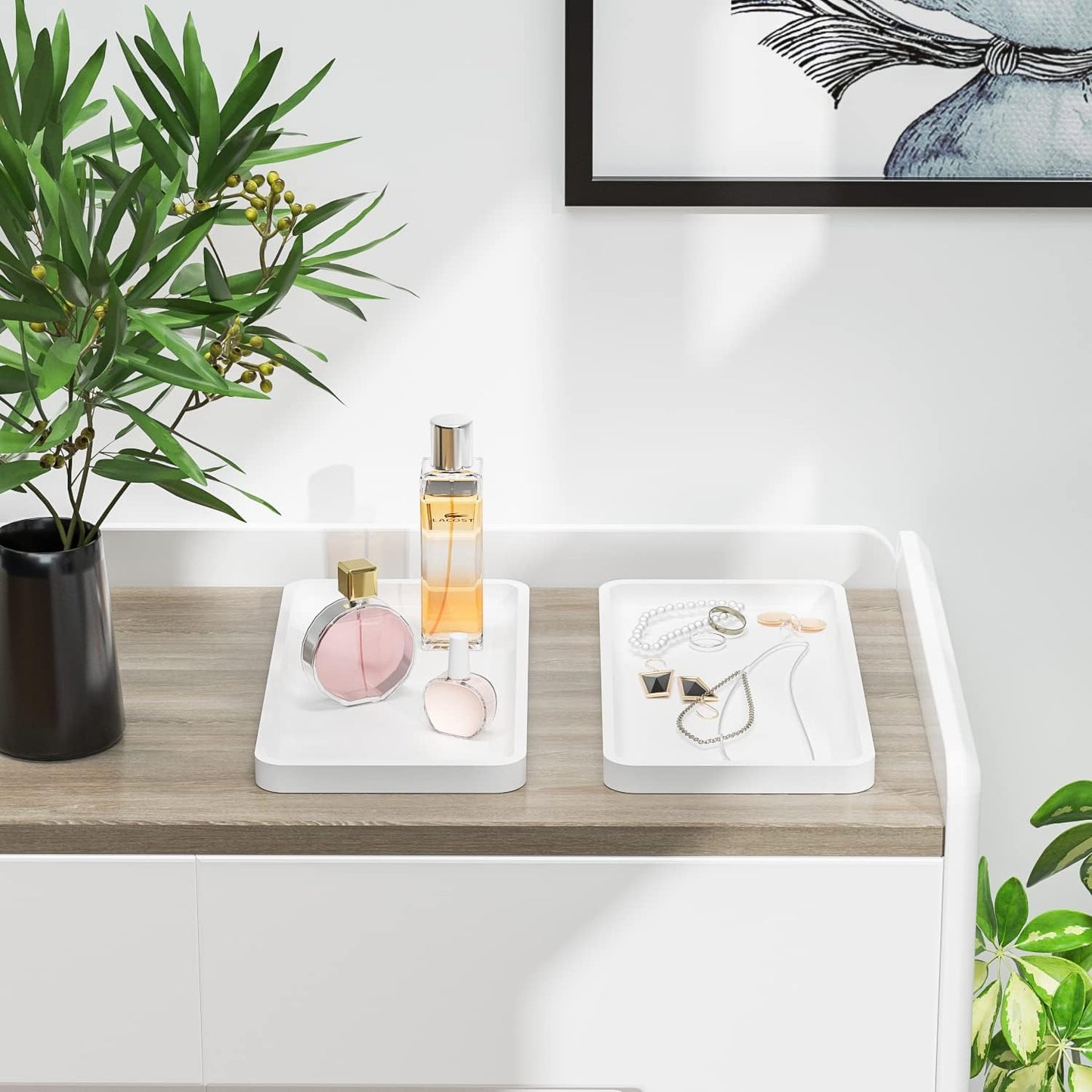 Weenson Bathroom Vanity Trays for Countertop Toiletries Decor Candle Perfume Makeup, Kitchen Tray for Soap Dispenser Spice Salt Oil, White Tray for Toilet Tank Coffee Nightstand Set of 2