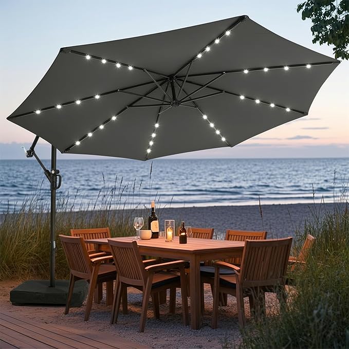 wikiwiki 10ft Solar LED Patio Umbrella with Base Included, Offset Umbrella with Weighted Sandbag Base, Cantilever Patio Umbrella for Backyard, Garden & Deck, 32 LED Lights & Polyester Shade, Dark Gray