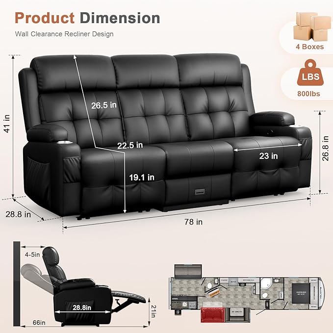 RV Loveseat Recliner Sofa, Oversized Massage Wall Hugger 3-Seater Recliners