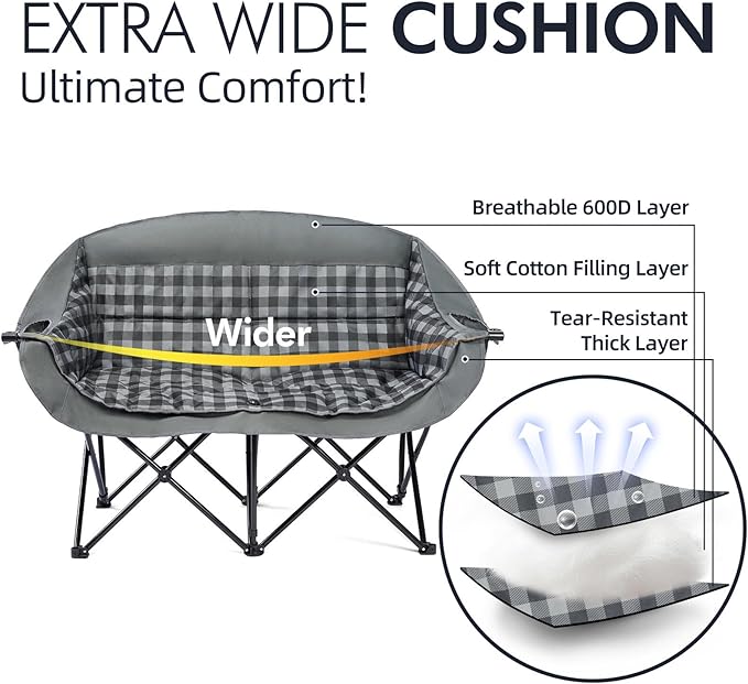 Double Camping Chairs Padded Loveseat Chair for 2 Person - Heavy Duty Oversized Camping Couch for Adults Outdoor Lawn Beach Portable Folding Sofa with Cup Holders Support 600lbs, Grey