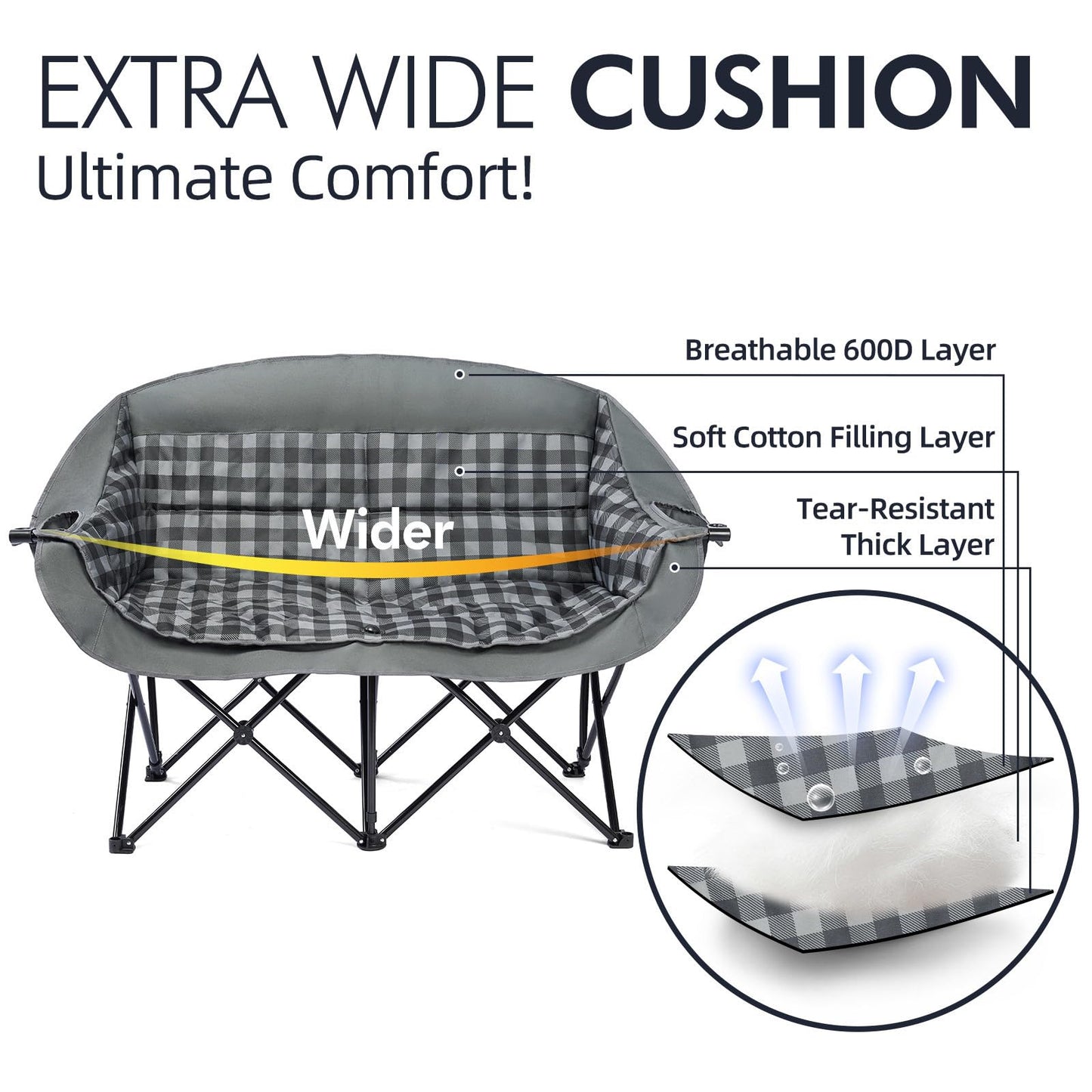 Double Camping Chairs Padded Loveseat Chair for 2 Person - Heavy Duty Oversized Camping Couch for Adults Outdoor Lawn Beach Portable Folding Sofa with Cup Holders Support 600lbs, Grey