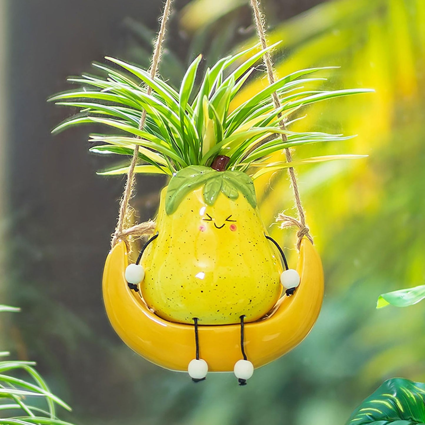 Walasis Cute Hanging Planter Pot for Indoor - Swing Smiley Planter for Outdoor Plants - Ceramic Succulent Plant Pot with Face