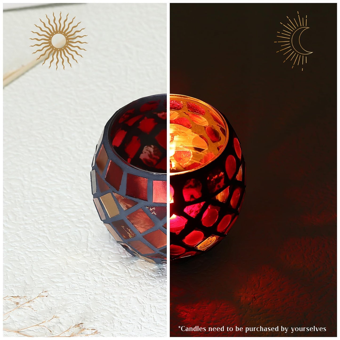 Ipetboom Glass Votive Candle Holder - Christmas Candle Holders Red Mosaic Tealight Candlestick Xmas Dining Table Centerpieces for Home Wedding Decorations Romantic Decor Party Ornament - 3.34x2.75in