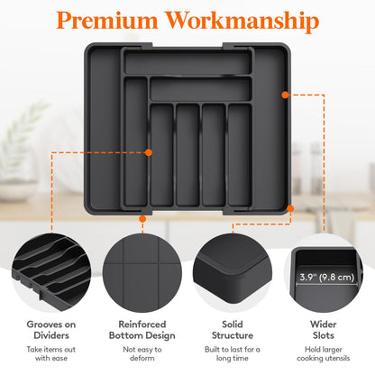 Lifewit Expandable Cutlery Drawer Organiser, Adjustable Cutlery Tray, 9 Compartment, Utensil Holder for Forks, Spoons, Knives, Plastic Kitchen Organiser and Storage, Black