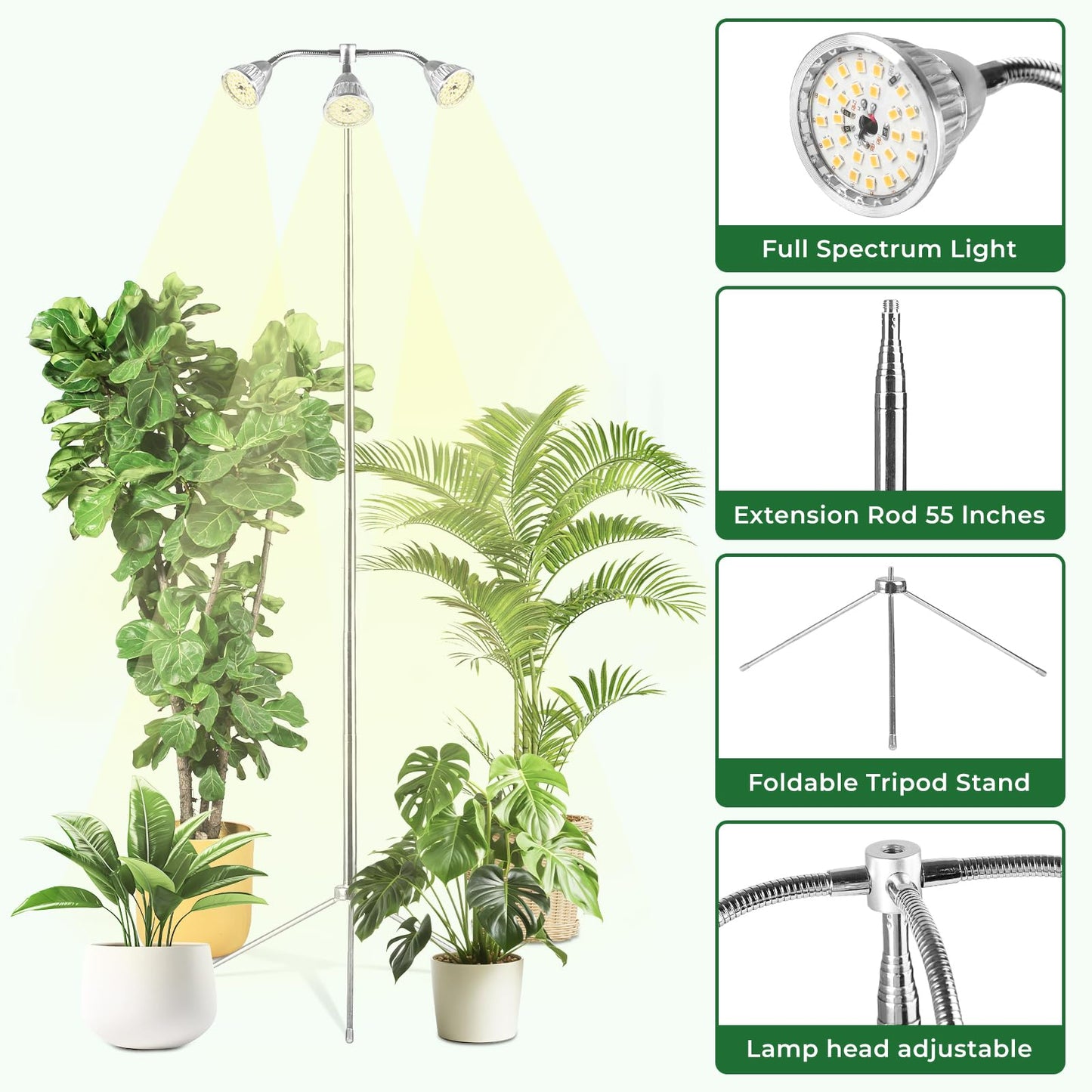 MEZHER Full Spectrum LED Grow Lights for Indoor Plants, 15-62" Height Adjustable with Aluminum Alloy Tripod &Auto On/Off Timer, Detachable Lamps, 3 Light Heads for Succulents, Seedlings, Herbs