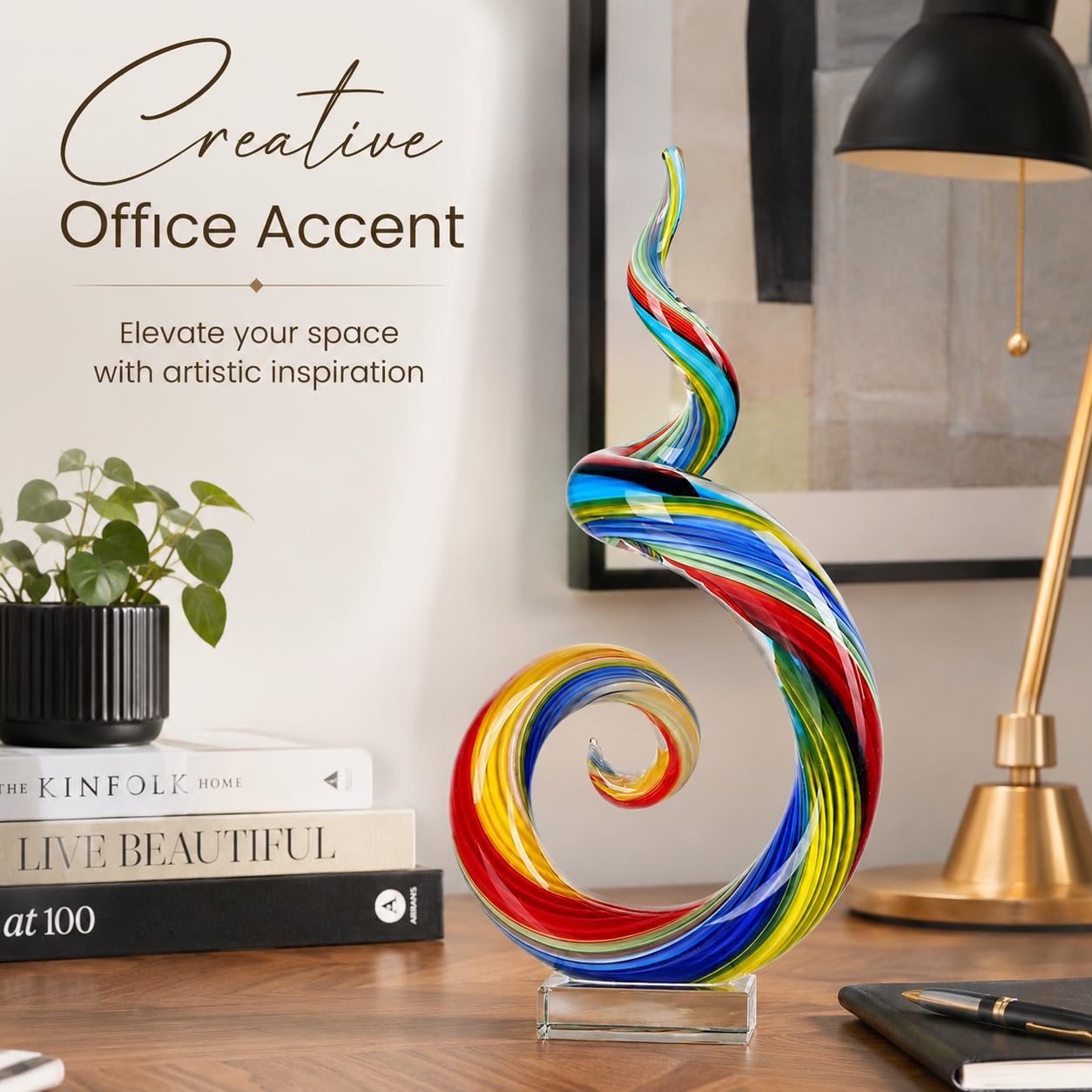 XMGZQ 13.7" Colour Hand-Blown Art Glass Sculpture,Abstract Rainbow Swirl Style Sea Glass Statue and Figurine,Coastal Ocean Nautical Home Decor,Shelf,TV Stand,Tabletop Centerpieces,Wonderful Gift