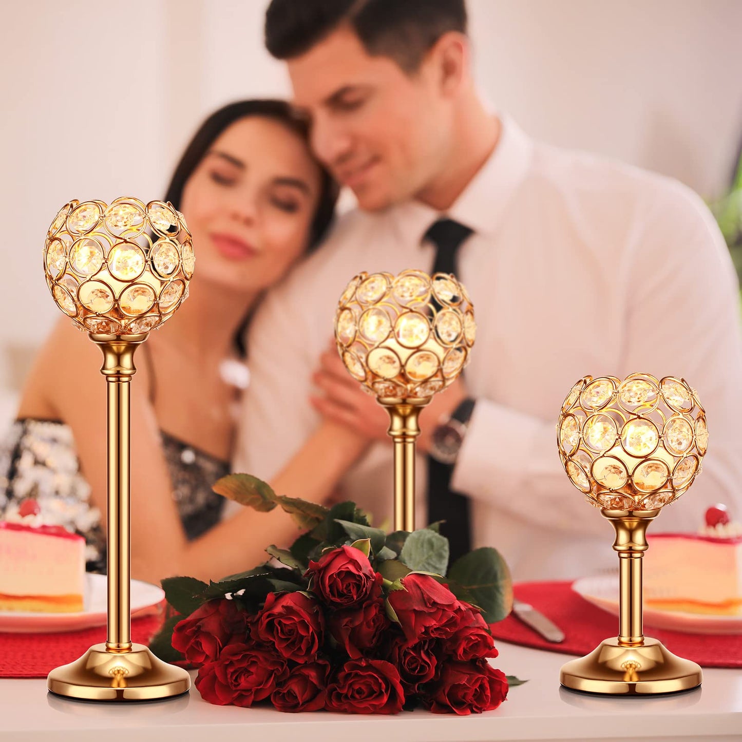 Mimorou 12 Pack Crystal Candle Holders Gold or Silver Candle Holders Bulk Tealight Candlestick Crystal Candelabras for Wedding Party Valentine Christmas Dining Table Centerpieces Decoration (Gold)