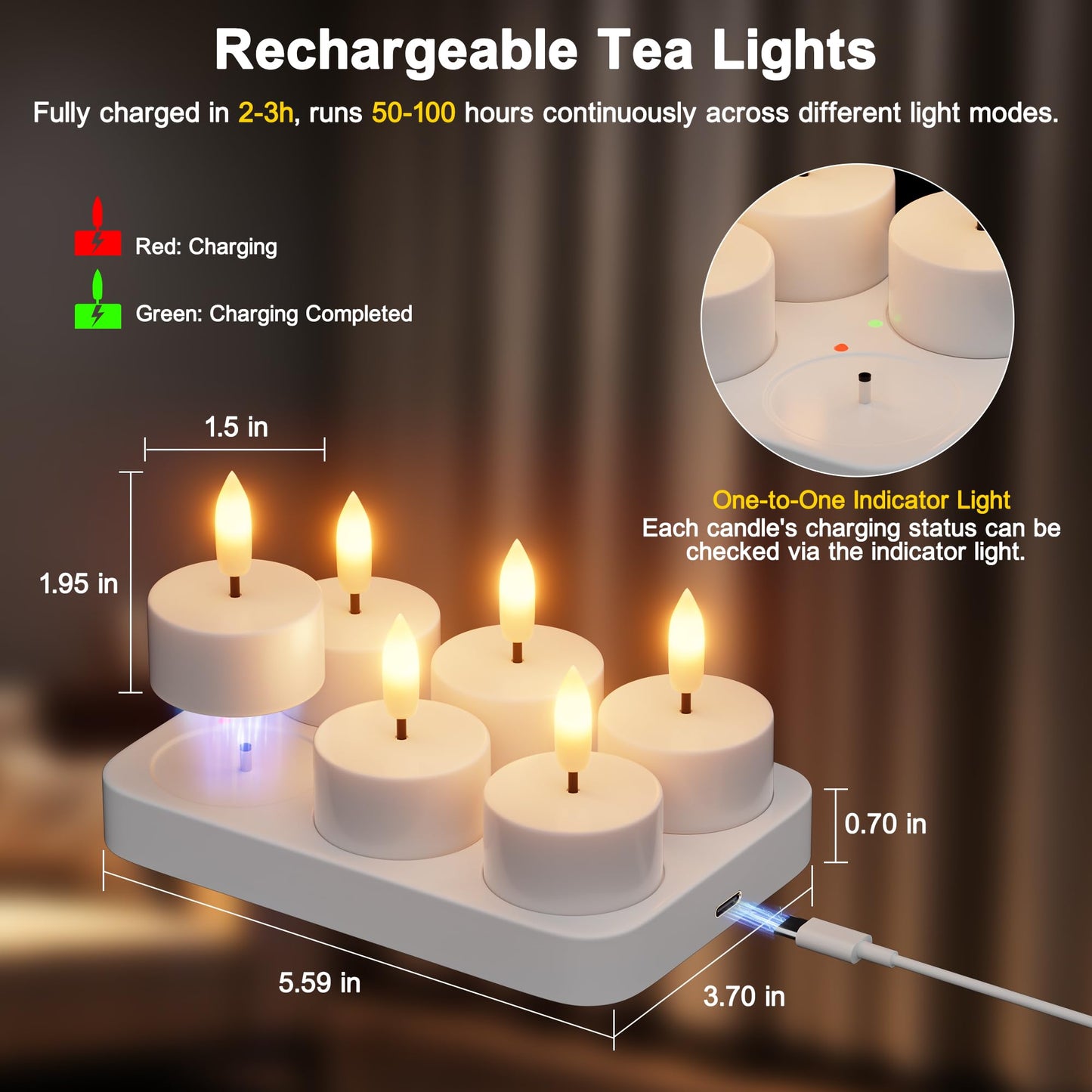 Kimjo Rechargeable Flameless Tea Lights Candles with Charging Base & Remote Timer, 6Pcs Battery Operated LED Candles, Flickering Electric Fake Tealight for Wedding Halloween Christmas Decor