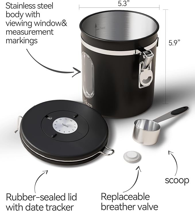 Veken Coffee Canister with Window, Airtight Stainless Steel Kitchen Food