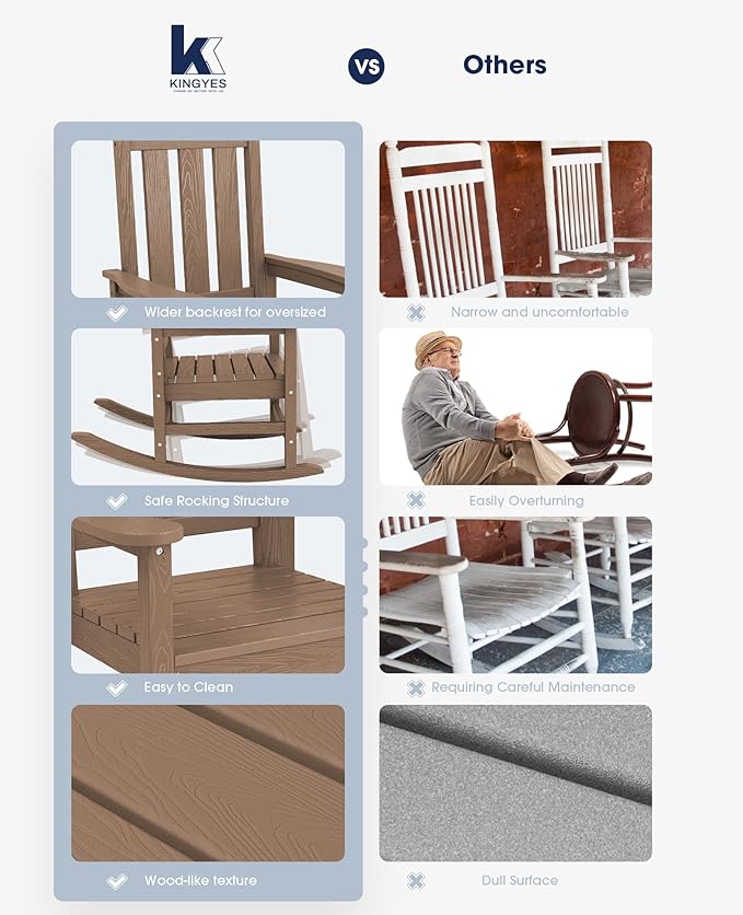 KINGYES Oversized Outdoor Rocking Chair, All-Weather Patio Rocking Chairs for Porch, HDPE Outdoor Patio Rockers with High Back & Wide Seat for Garden, Lawn, Brown