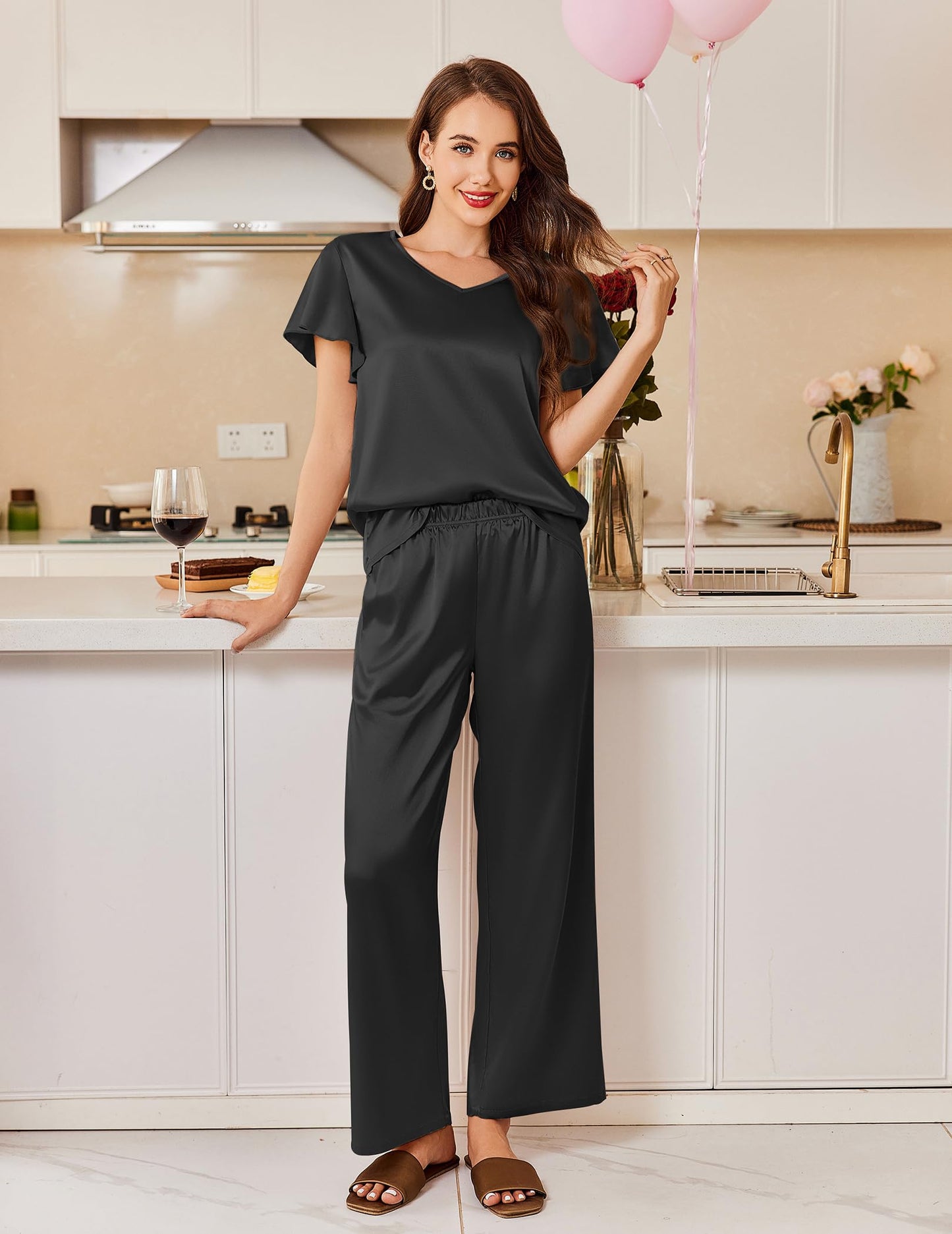 Ekouaer Women's Satin Silky Pajama Set 2 Piece Short Sleeve Shirt with Long Pants Pjs Sets Soft PJ Loungewear S-XXL