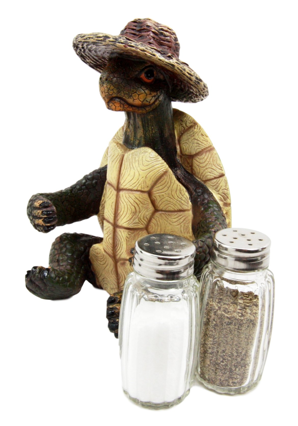 Ebros Slow Seasons Outdoors Camping Turtle With Wicker Hat Salt And Pepper Shakers Holder Figurine 7"H Turtles Tortoise Tortoises Themed Decor Animal Reptile Ocean Nautical Sea River Animal Sculpture