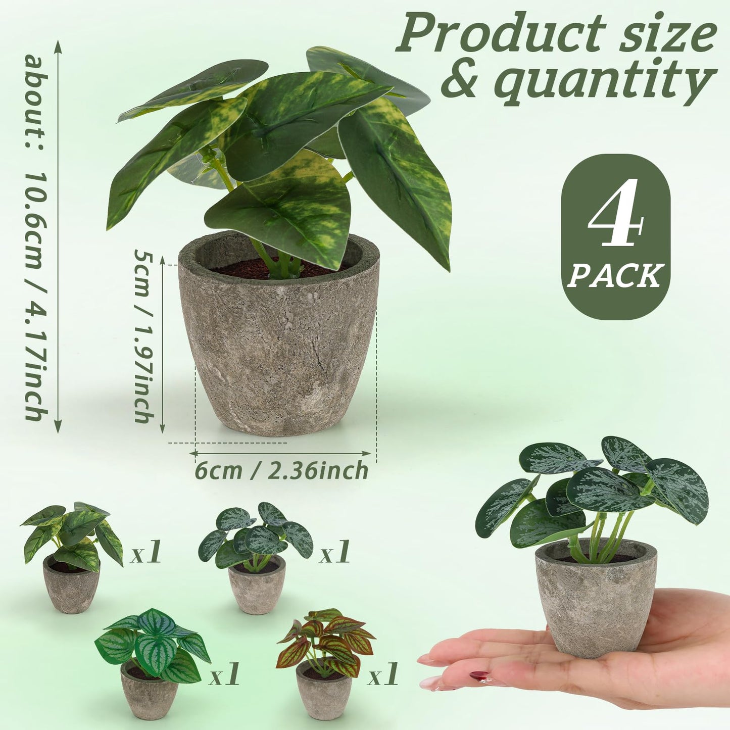 Woration 4Pcs Artificial Plants Potted Small Fake Tropical Faux Greenery Leaves Indoor for Office Desk Shelf Bathroom Home Decorations