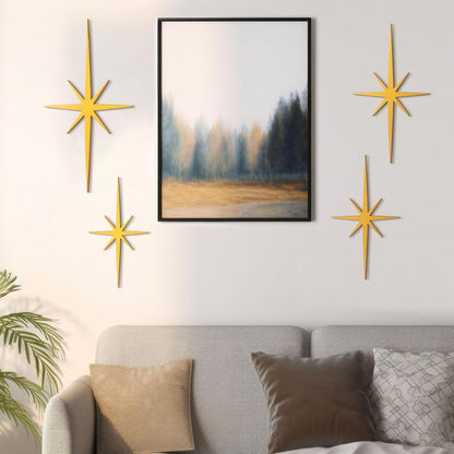 WOPARTY Mid Century Modern Black Starburst Wall Decor, 4 Piece Cast Metal Art Set, 8 Pointed Atomic Stars, Retro Home Decor, Multiple Sizes 13.7 * 7inch to 3.94 * 2.2inch (Gold)