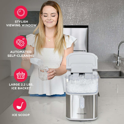 Frigidaire Countertop Crunchy Chewable Nugget Ice Maker, Compact, 33lbs per Day, Metallic Finish