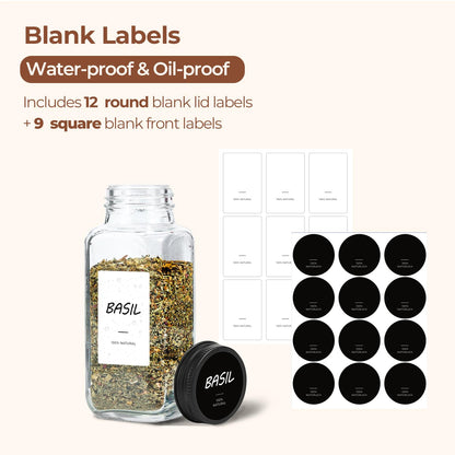 ComSaf 6Pcs 4oz Glass Spice Jars with Shaker Lids, 21 Labels, Spice Jars Trial Set & Supplement Set, Empty Spice Containers and Square Spice Bottles for Kitchen and Seasoning