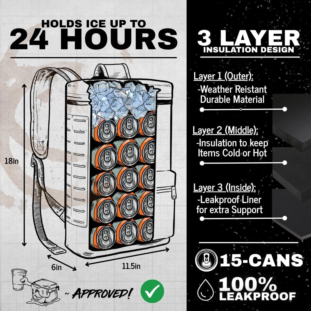 SHITI Coolers Cooler Backpack for Camping, Travel, Beach, Soft Lunch Box for Food, Drinks & Ice, Portable, Waterproof 24 Hr Insulated Bag with Shoulder Straps, Customizable, the Hideaway, 15 Cans