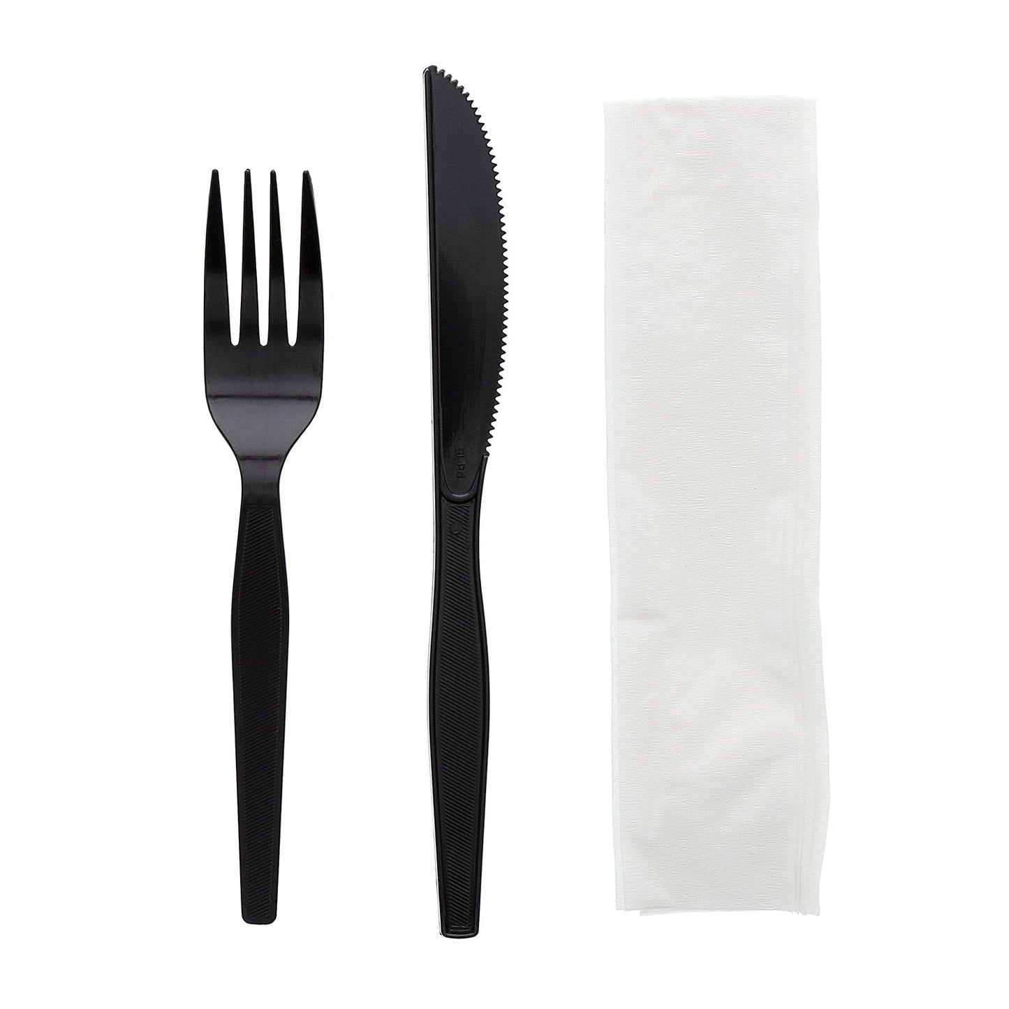 AmerCareRoyal 3-in-1 Disposable Silverware Medium Heavy Weight Plastic Utensil Set with Fork, Knife and 12x13 inch Napkin - Individually Wrapped Cutlery Meal Kit, Black, Case of 500