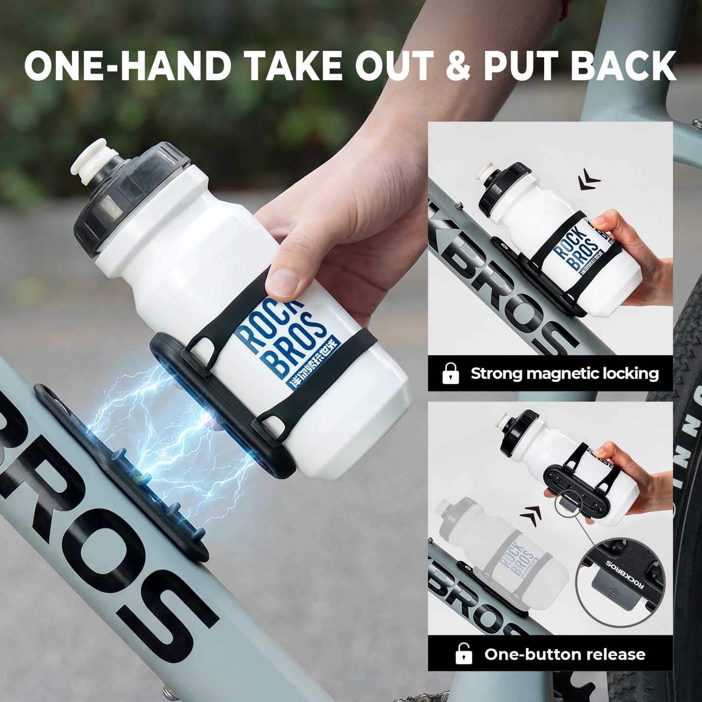 ROCKBROS Bike Water Bottle Holder with Strap, Magnetic Water Bottle Holder for Bike, Bike Cup Holder for Road, Mountain, Folding Bike, Ebike & Scooter