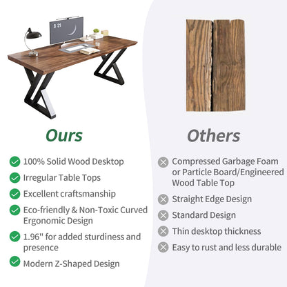 SXXjiaju Solid Wood Desk 63 Inches, Live Edge Wooden Home Office Computer Desk Metal Frame Modern Simple Design Executive Real Wood Desk for Writing Study Dining Gaming