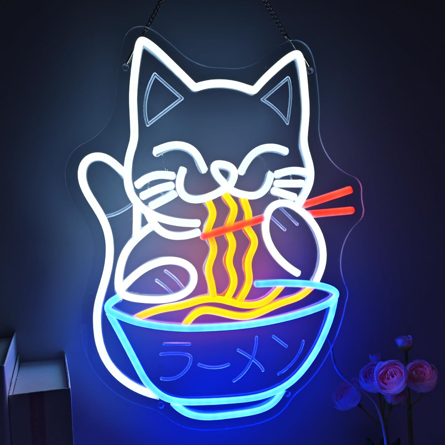 Planzo Cat Ramen Neon Sign Light Japanese Noodle Resturant Home Bar Pub Kitchen Dinning Room Cafe Shop Cut Cat USB Warm White 15.75"X11.8"