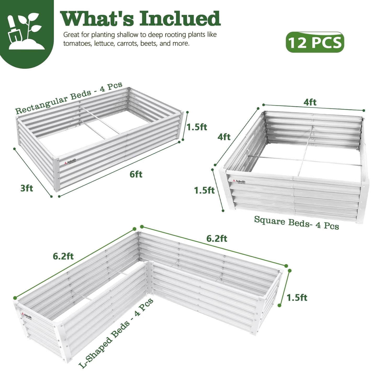 A ANLEOLIFE Set of 12 18 Inch Tall Raised Garden Beds Kit, L-Shaped, Square & Rectangular Metal Planters for Flexible Backyard Layouts, Antique White