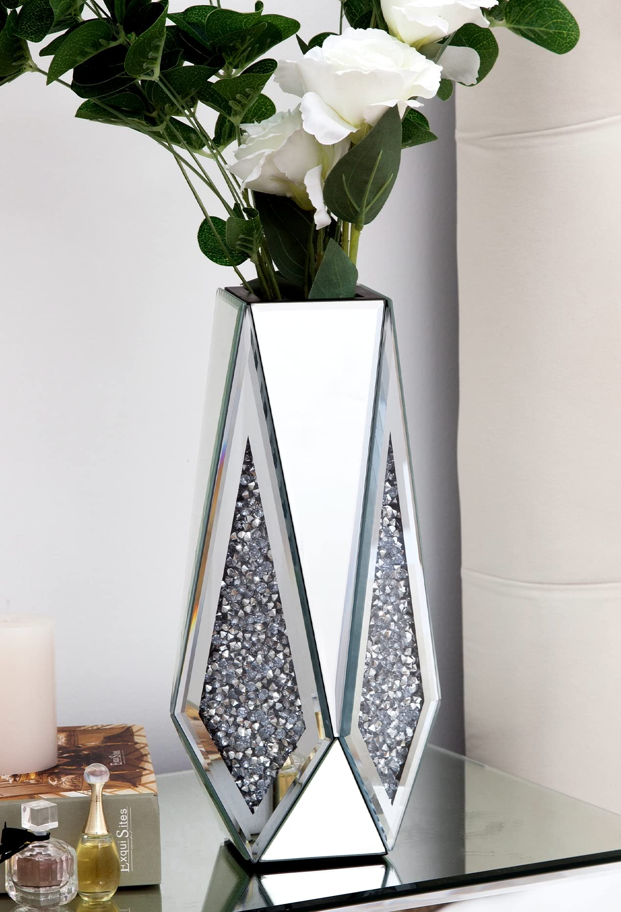 SHYFOY Crushed Diamond Flower Mirror Vase Silver Crystal Glass Vase Mirrored Decorative Flower Vases for Living Room Home Decor, 12" H, Can’t Hold Water
