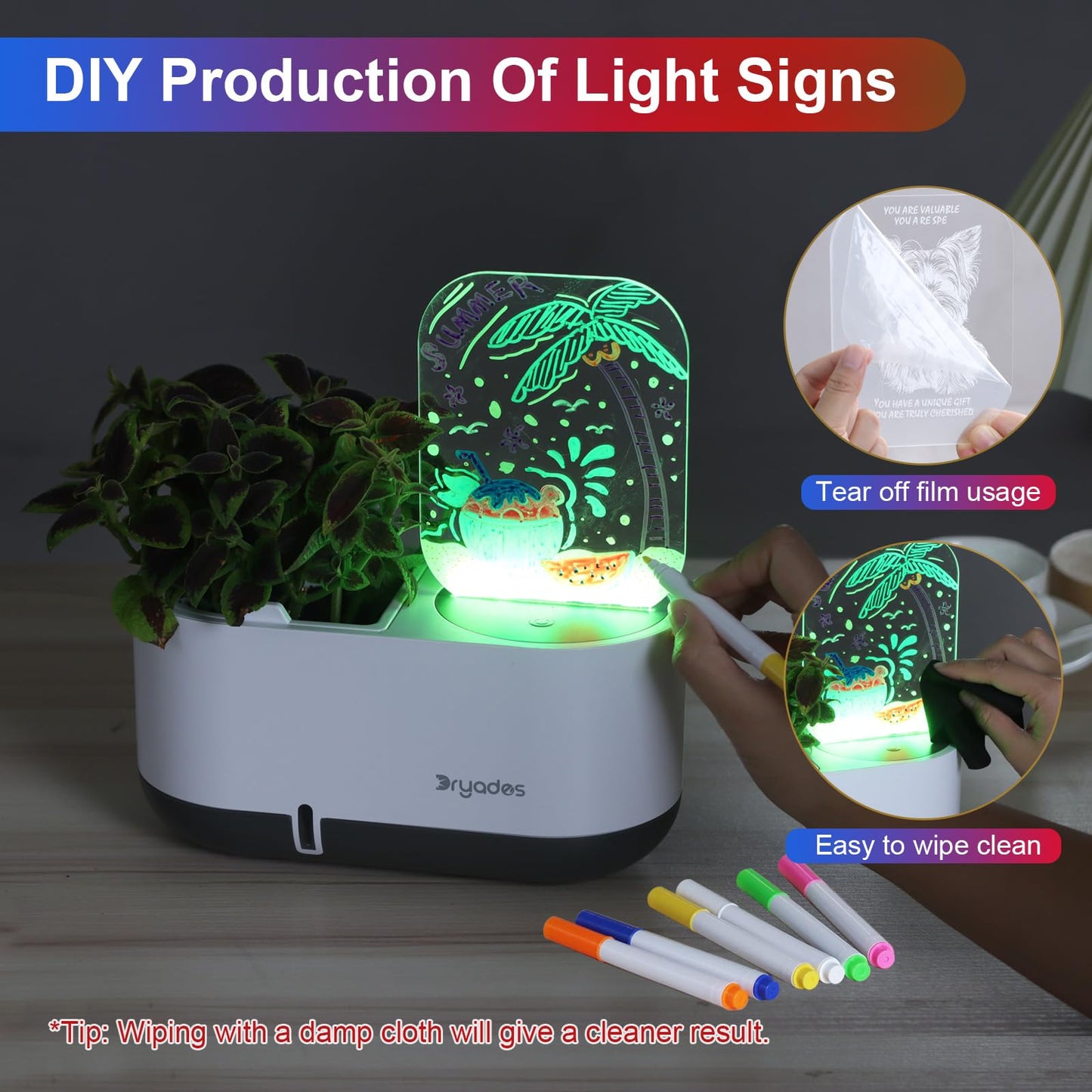 DRYADES Self-Watering Plant Pot with LED Note Board & 7 Colors Pen, Led Acrylic Message Board with Plant Pot,Dog Board Night Light with Planting Pot for Mother's Day/Thanksgiving/Gifts(No Plant&Seed)