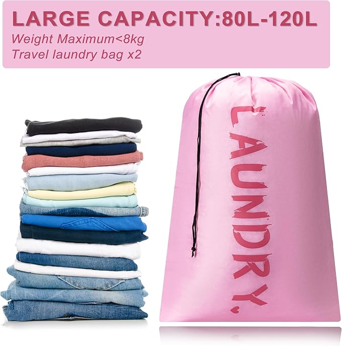 2 Pack 28" x 40"Travel Laundry Bag, Machine Washable Dirty Clothes Organizer