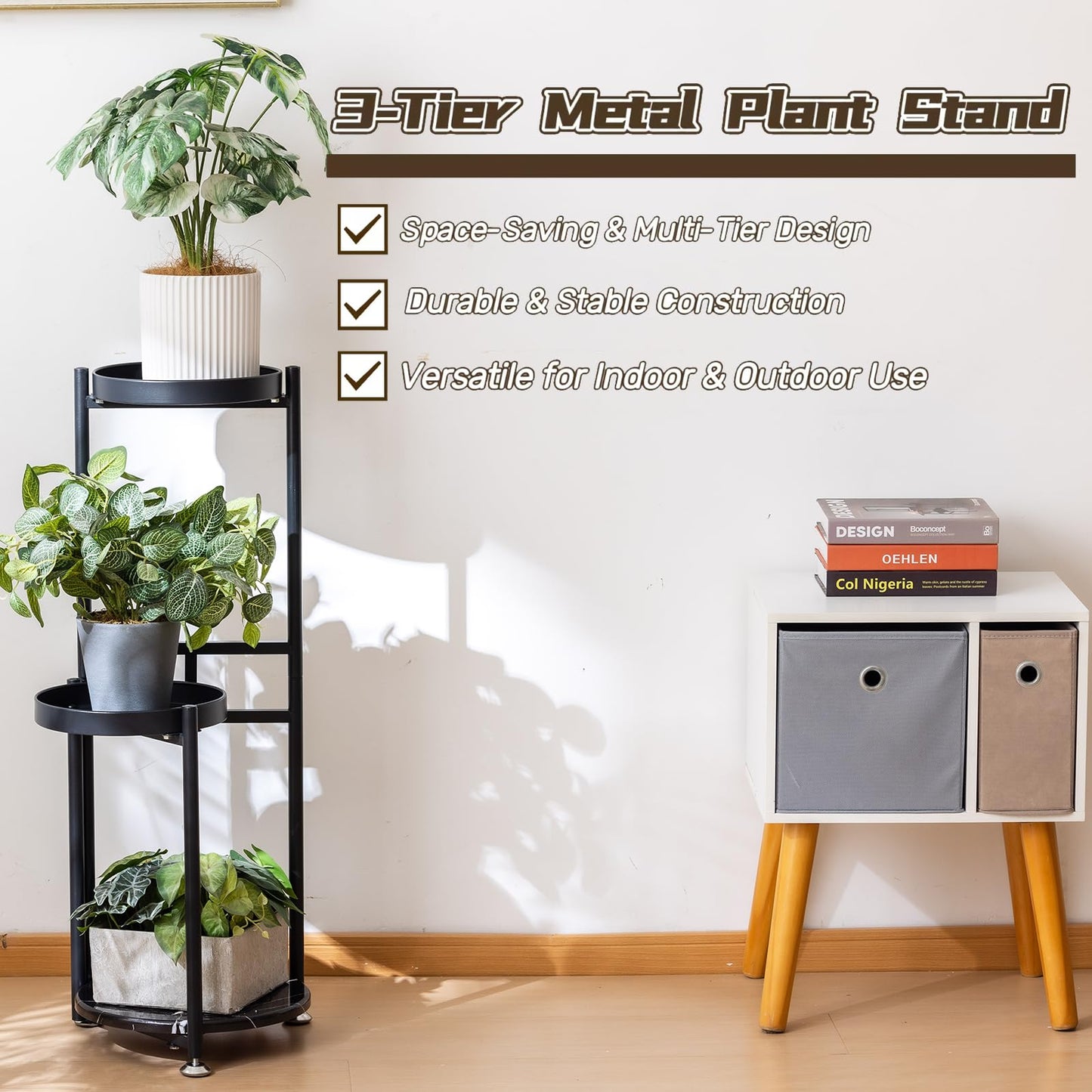 CHPHI 3 Tier Plant Stand, Tall Metal Shelf Holder for Indoor, Outdoor Display Rack Flower Pot Stand for Corner Living Room Balcony Garden Patio (black)
