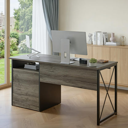 Bestier Office Desk with Drawers, 55 inch Industrial Computer Desk with Storage, Wood Teacher Desk with Keyboard Tray & File Drawer for Home Office, Dark Gray Oak