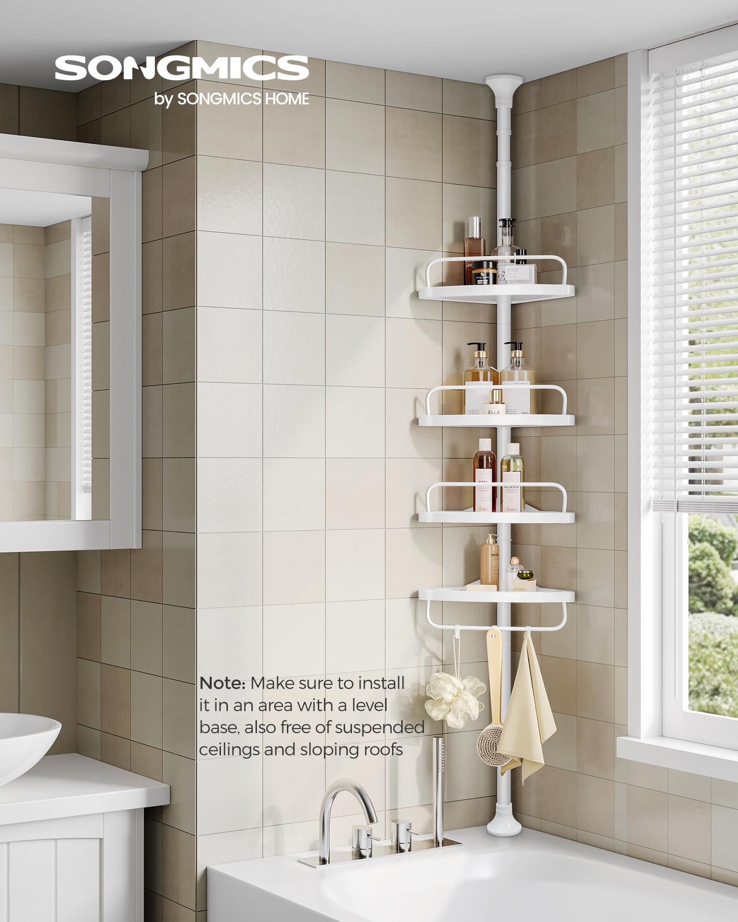 SONGMICS Shower Corner Shelf, 4-Tier Bathroom Shower Shelf, 85-305 cm Adjustable Shower Caddies, Bathroom Organiser, White BCB001A