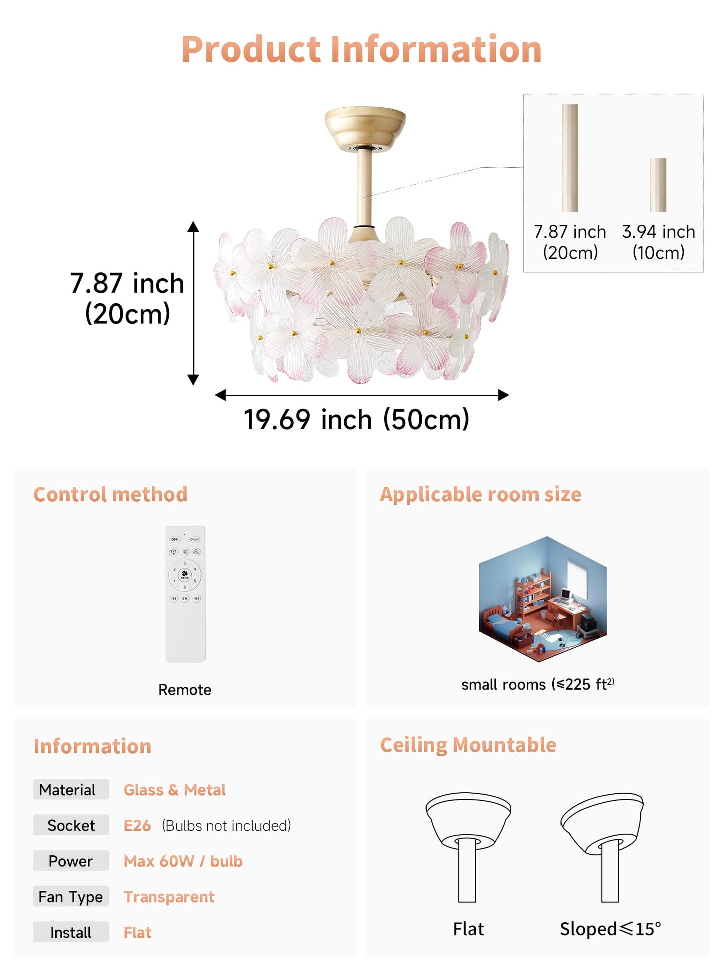 MizWacky Gold Crystal Fandelier Ceiling Fans with Lights, 20" Gold Flower Chandelier Ceiling Fan with Light Remote Control, Caged Mid Century with 6 Speeds for Bedroom, Nursery, Living Room (Pink)