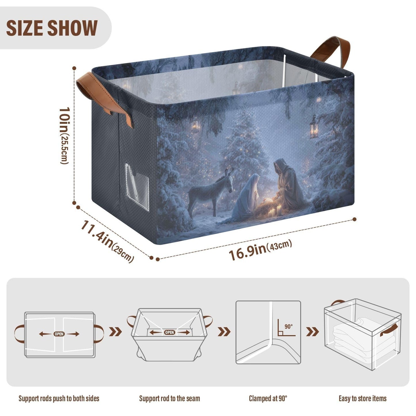 Christmas Nativity Scene Storage Basket Foldable Cube Storage Bins with Handles&Label Waterproof Collapsible Organizer Box Bin Large Rectangle Decorative Baskets for Shelves Home Room Laundry Indoor