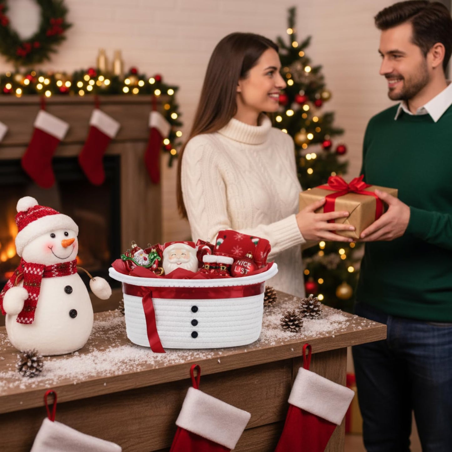 Zopeal Christmas Woven Basket with Gift Bag, Ribbon and Red Tissue Paper Snowman Empty Woven Bin Basket Holiday Decorative for Xmas Gifts, 12 x 8 x 5 Inch