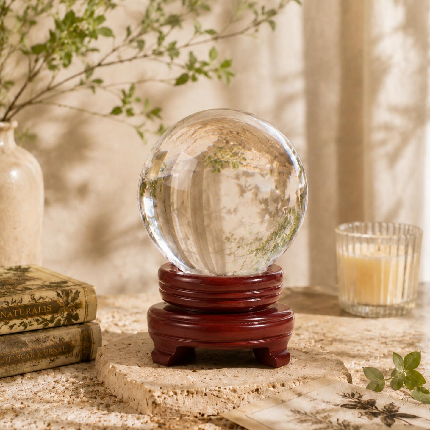 Woodvine Crystal Ball 100mm Clear K9 Crystal Ball with Wooden Stand and Gift Box, Crystal Sphere for Meditation, Feng Shui Decor, Lensball Photography Prop, Office Decor Gift (Clear-100mm)