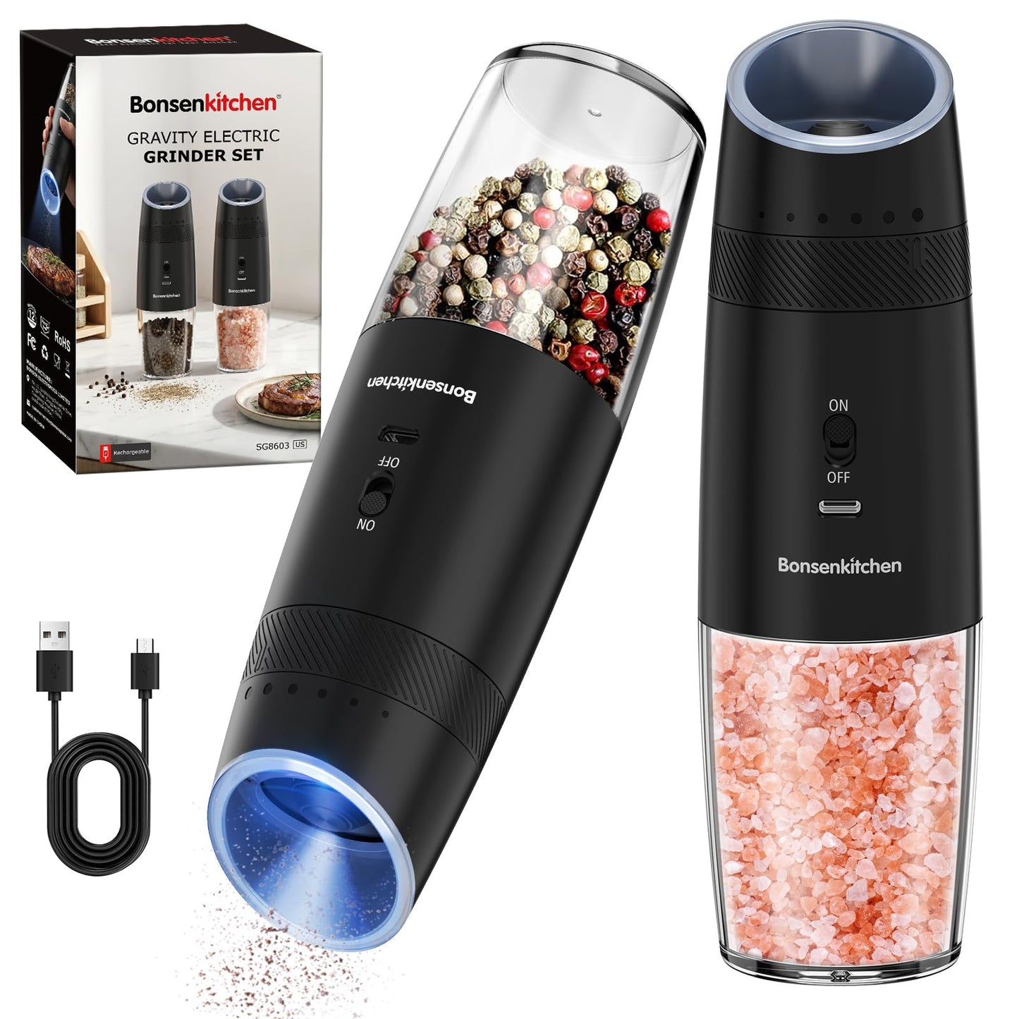 Bonsenkitchen Gravity Electric Salt and Pepper Grinder Set,Type-C Rechargeable Automatic Grinder With 6-Level Coarseness Adjustment, LED Light, 135ML Large Capacity for Kitchen, BBQ & Camping