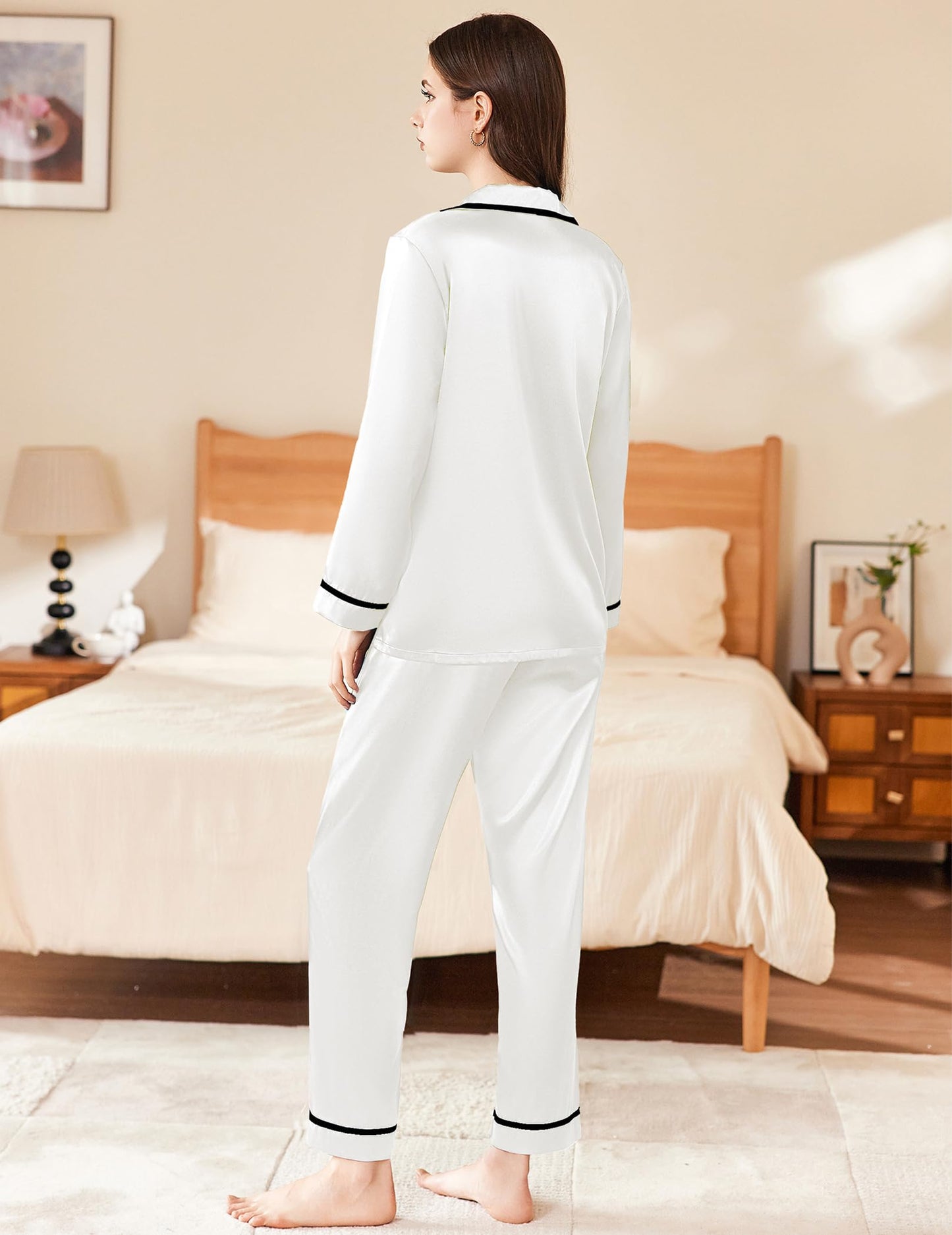 Ekouaer Satin Pajamas Set for Women Long Sleeve Pants Pj 2 Piece Lounge Set