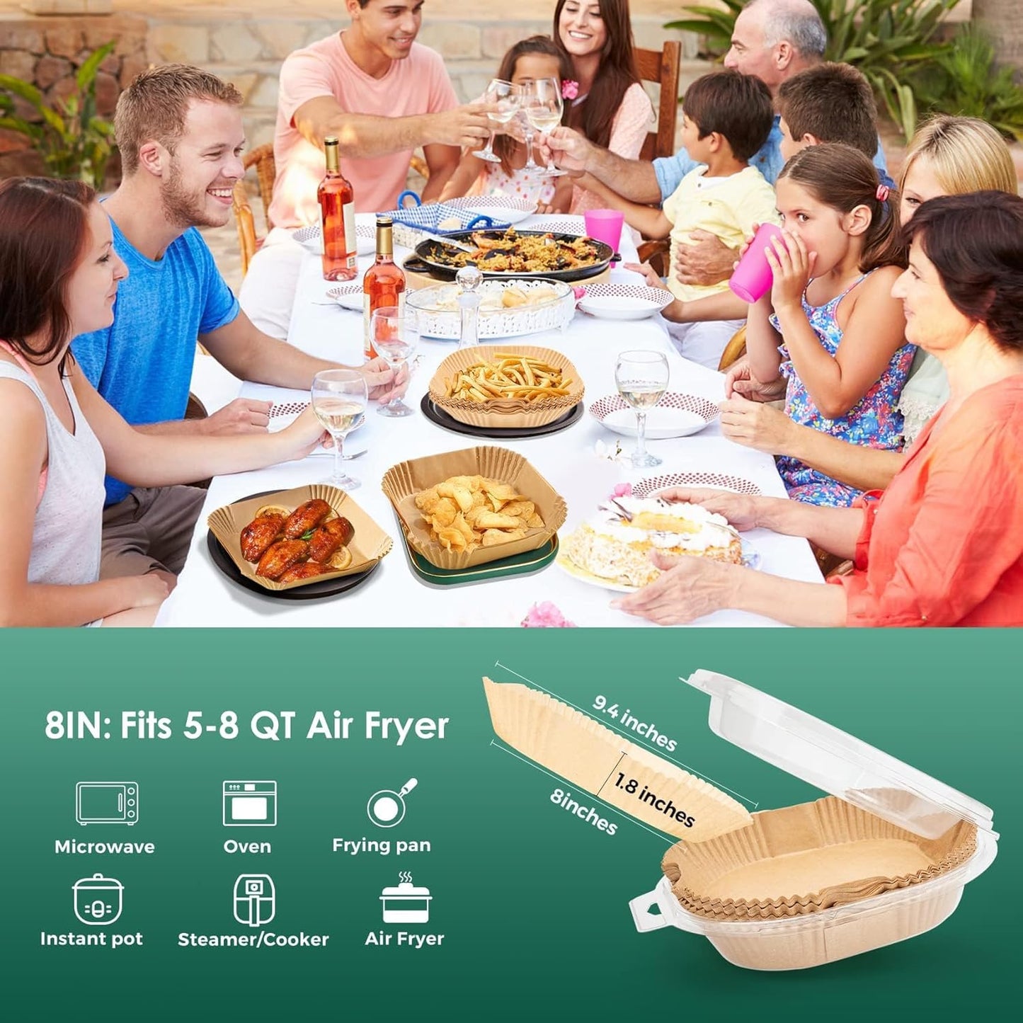 Air Fryer Paper Liners, 200pcs Air Fryer Liners Disposable, 8" Square Baking Liner for 5-8 qt Airfryer Basket, Non-stick and Oil Proof Parchment Paper for Oven, Pans & Baking