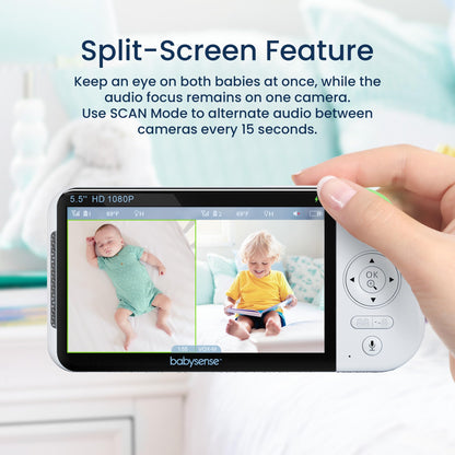 Babysense 5.5” 1080p Full HD Split-Screen Baby Monitor, Video Baby Monitor with Camera and Audio, Two PTZ Cameras, RGB Night Light, 300m Range, Two-Way Audio, 4x Zoom, 5000mAh Battery