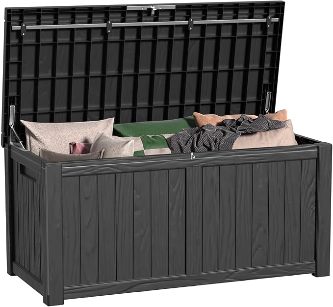 150 Gallon Outdoor Deck Box, Lockable Waterproof Outdoor Storage Boxes For Garden Tools,Indoor Cushions,Accessories Outside Storage Resin Weatherproof Container(Black)