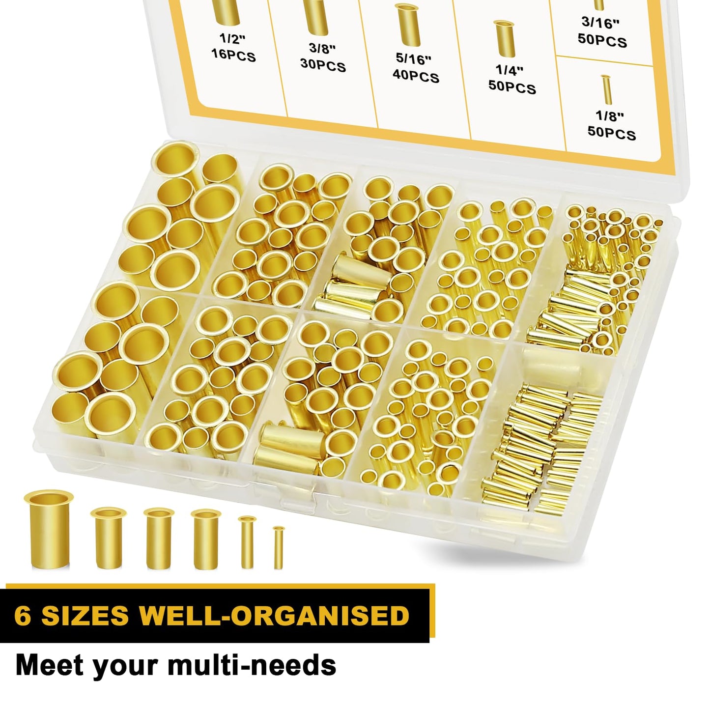 Siptenk 236PCS Brass Compression Tube Inserts for OD 1/2" 3/8" 5/16" 1/4" 3/16" 1/8", 6 Sizes Tubing Insert Brass Ferrule Fitting Assortment Kit