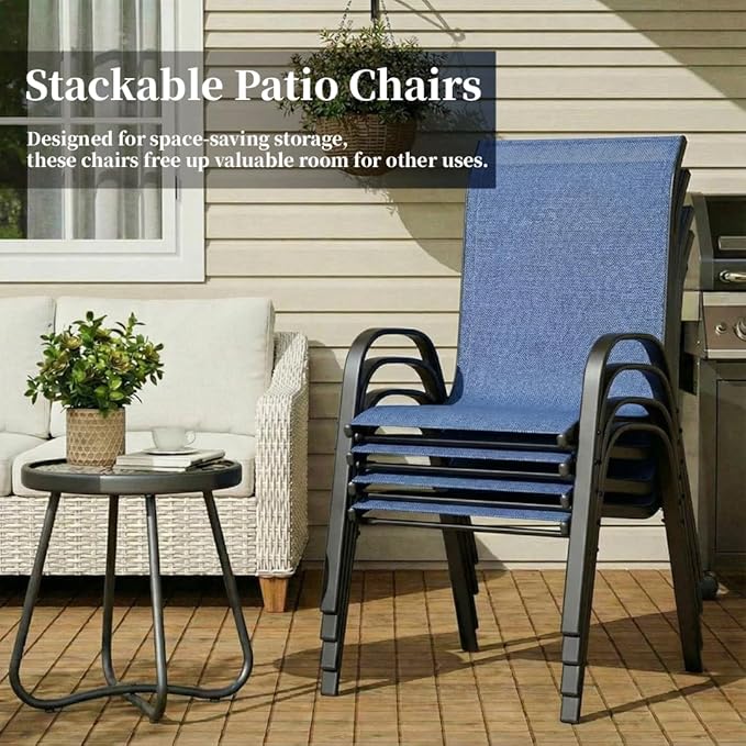 MAMIZO Patio Dining Chairs, Stackable All Weather Teslin Chair, Heavy Duty Outdoor Breathable Chairs Set, w/Armrests, Upgraded Chair FeetW/Strenthened Iron Spacers, 330 LBS (4, Navy Blue)