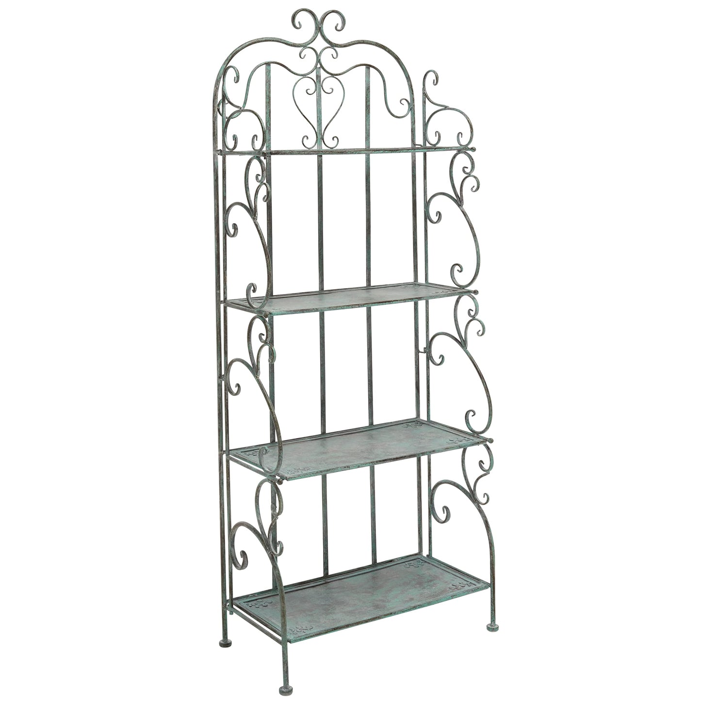 SAFAVIEH Outdoor - Tyrique Antique Dark Green Victorian Wrought Iron 4-Tier Shelf Unit, Metal Plant Stand Baker’s Rack, Decorative Patio Garden Storage, 24.8" W x 12.6" D x 65.8" H (PAT5033D)