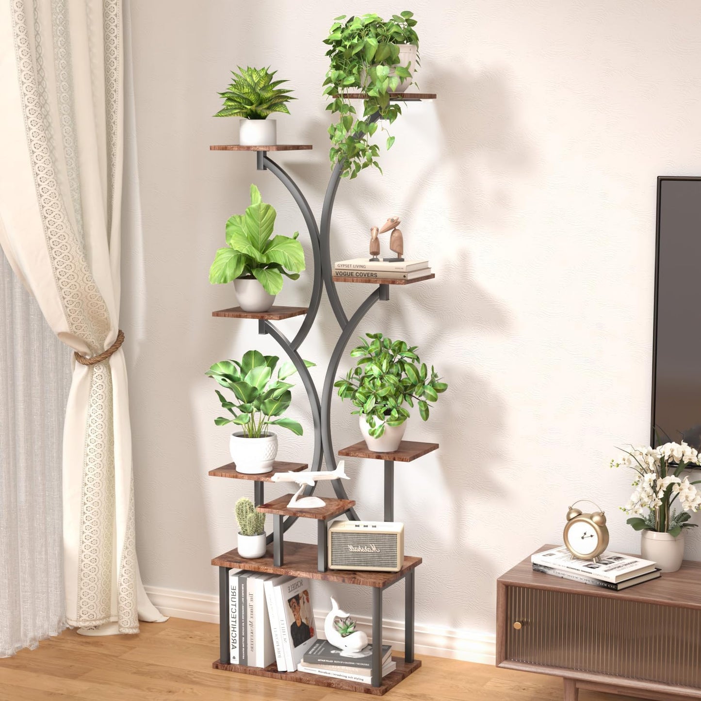 REFGY 65 inch Plant Stand Indoor with Grow Lights, 9 Tiered Metal Plant Stands Indoor, Tall Plant Shelf for Multiple Plants, for Living Room, Patio Balcony or Office (Rustic Brown)