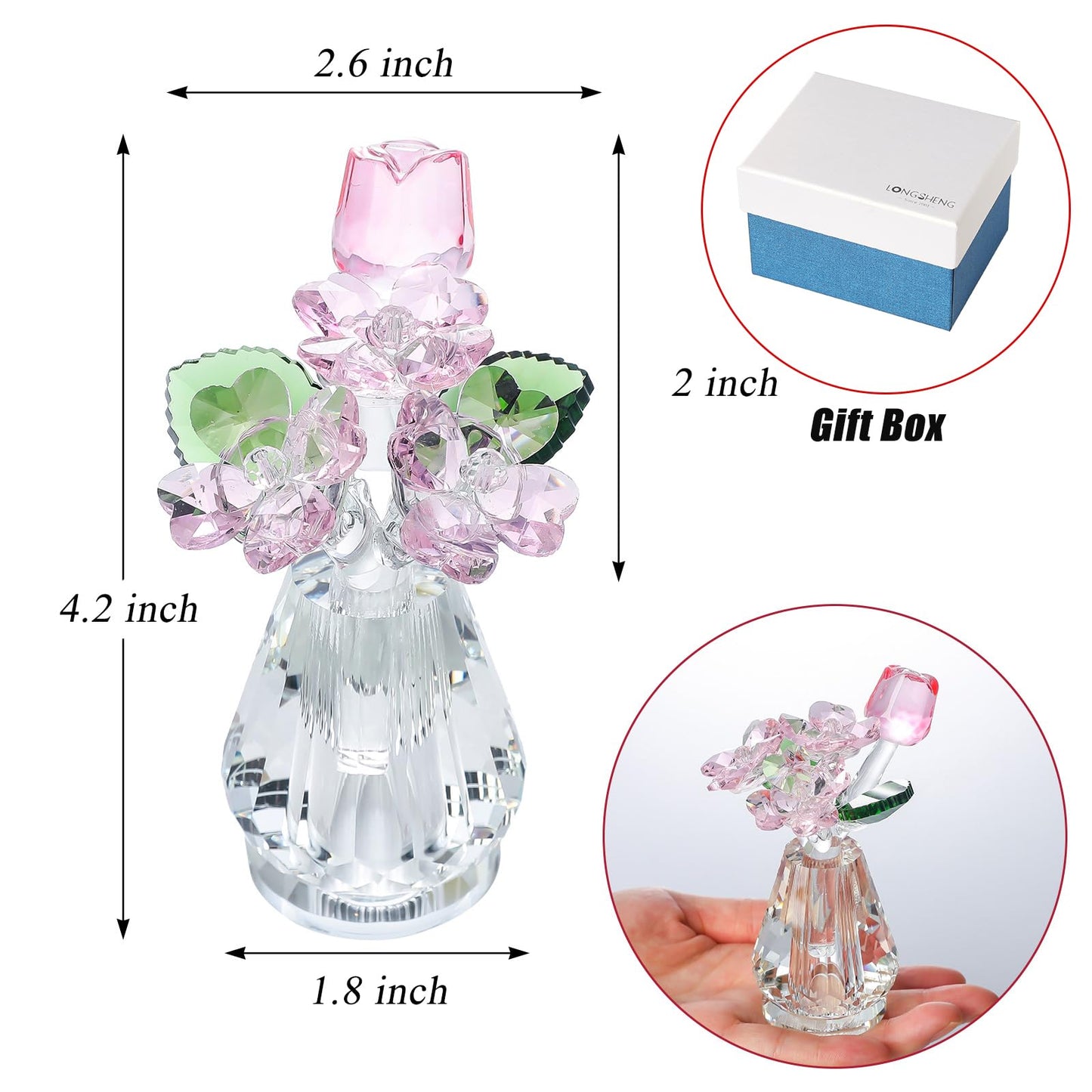 Crystal Rose Flower Figurine with Vase, Handmade Glass Flower Gifts for Woman, Wedding Gifts for Wife, Home Party Decorations (Pink)