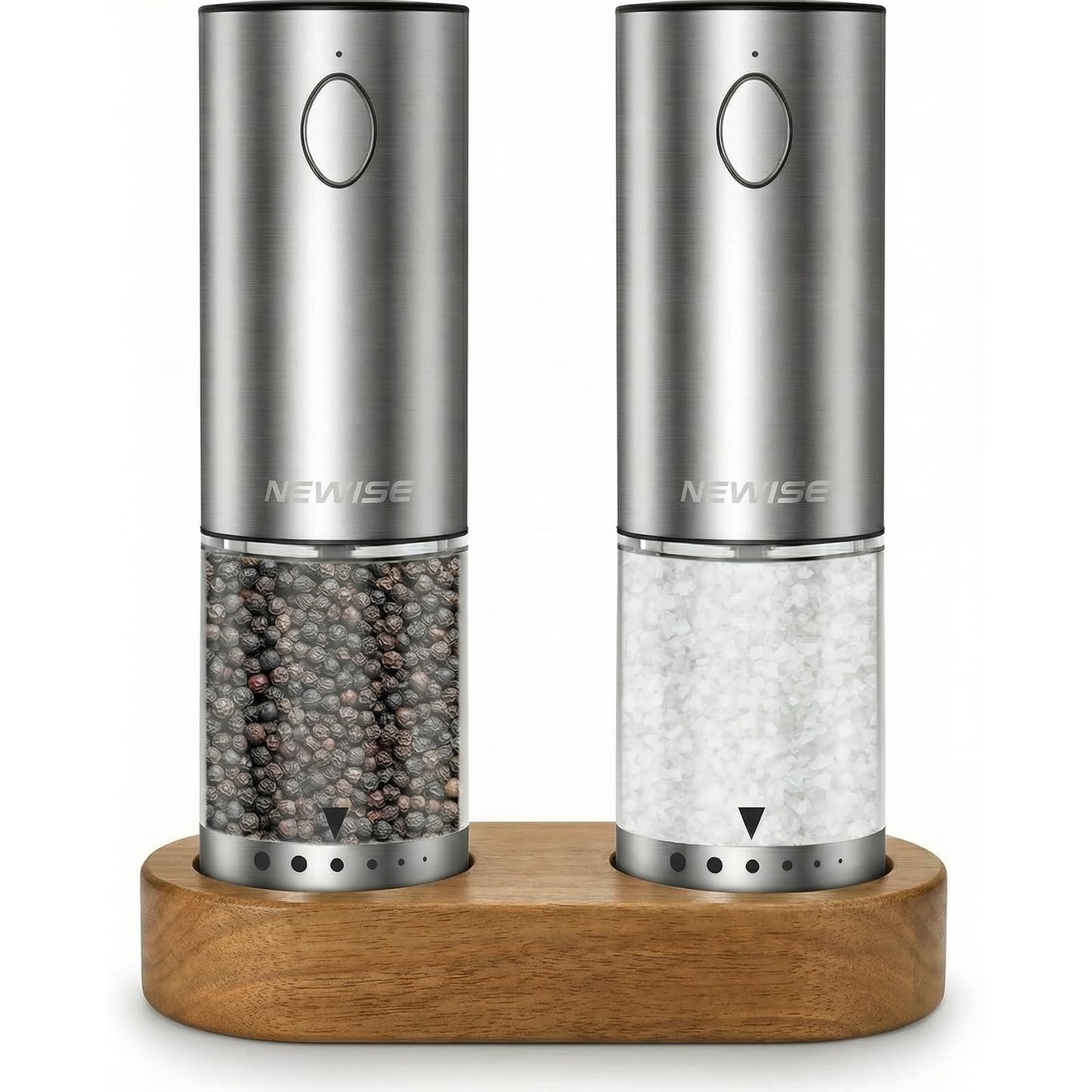 Electric Salt and Pepper Grinder Set - Acacia Wood Base, Rechargeable & Automatic Pepper Mill with LED Lights, Adjustable Coarseness, 95ml Large Capacity for Kitchen