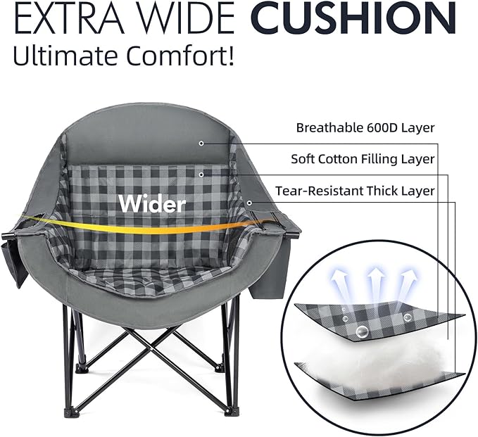 Oversized Camping Chairs for Adults - Heavy Duty Padded Outdoor Folding Lawn XL Camp Chair with Cup Holder Cooler Pockets for Outside Sports Beach Fishing Garden Portable Supports 500lbs, Grey
