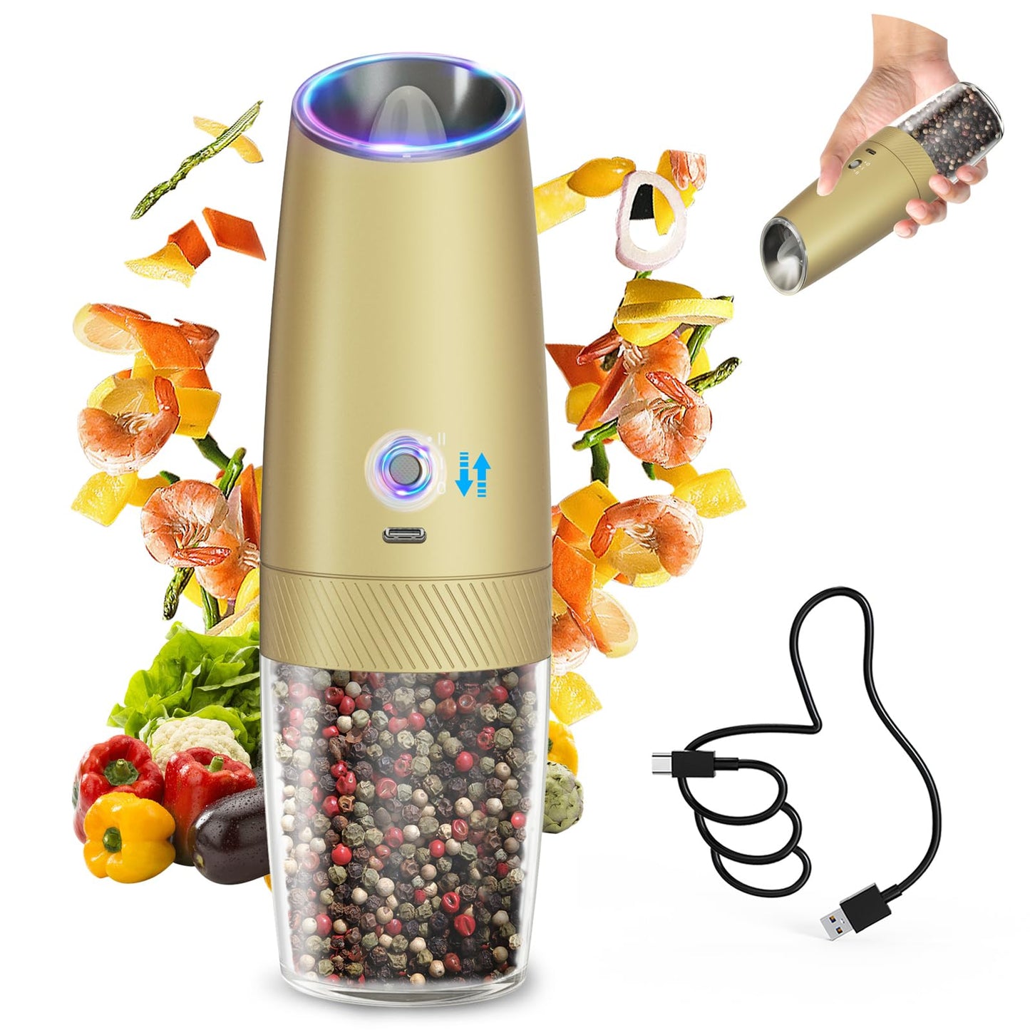 CIRCLE JOY 2-Speed Gravity Electric Pepper Grinder, Rechargeable Salt Grinder Pepper Mills, Adjustable Coarseness, White LED Light, 135ML Large Capacity, Gold